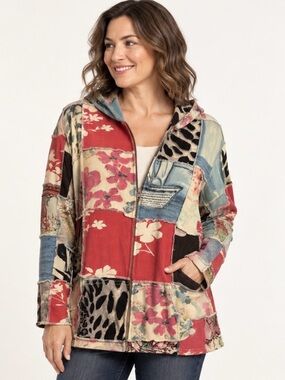 Fresh Groove Patchwork Hoodie Jacket Women’s M Cotton Boho Artsy Zip Up